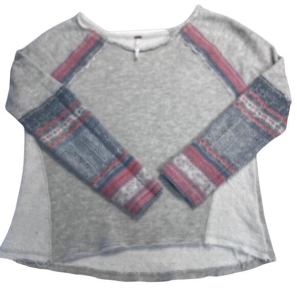 Free People Gray Aztec Embroidered Sleeve Boho Top Sweater Women's Size X-Small - Picture 8 of 10
